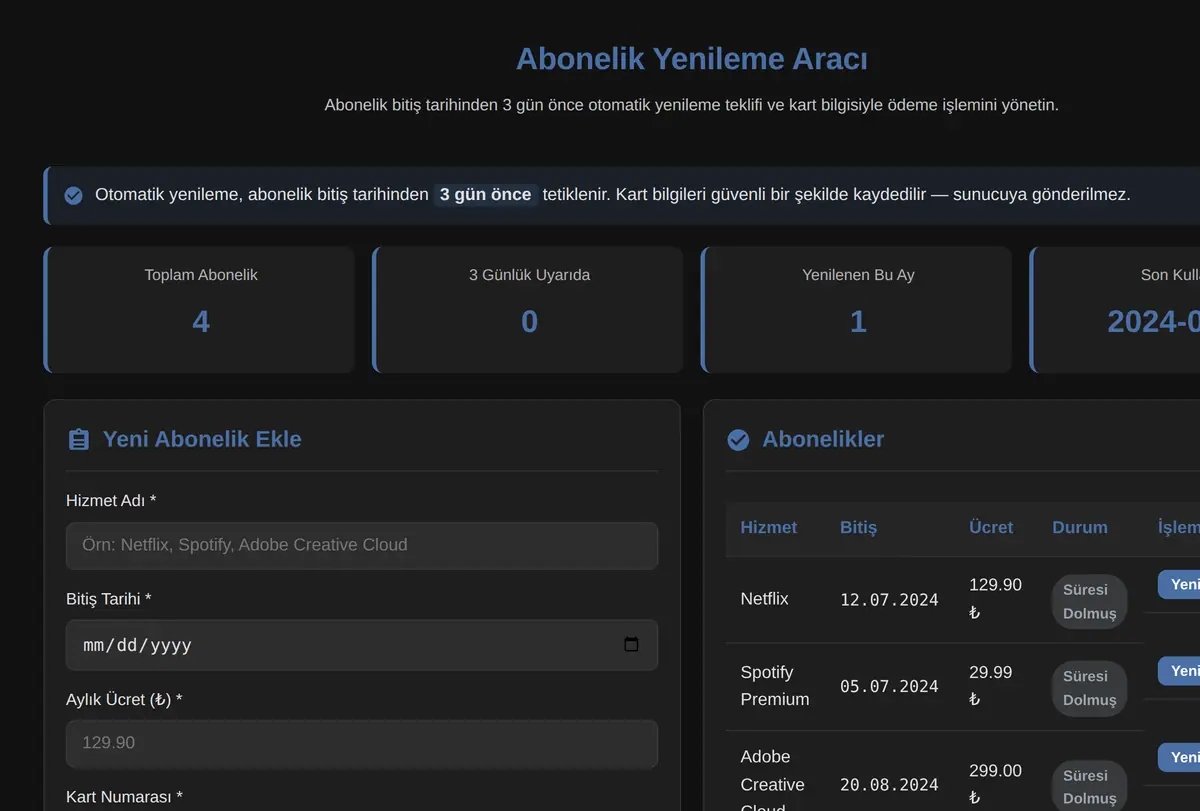 Abonelik Yenileme Aracı ekran görüntüsü