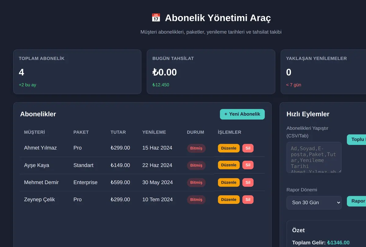 Abonelik Yönetimi Araç ekran görüntüsü
