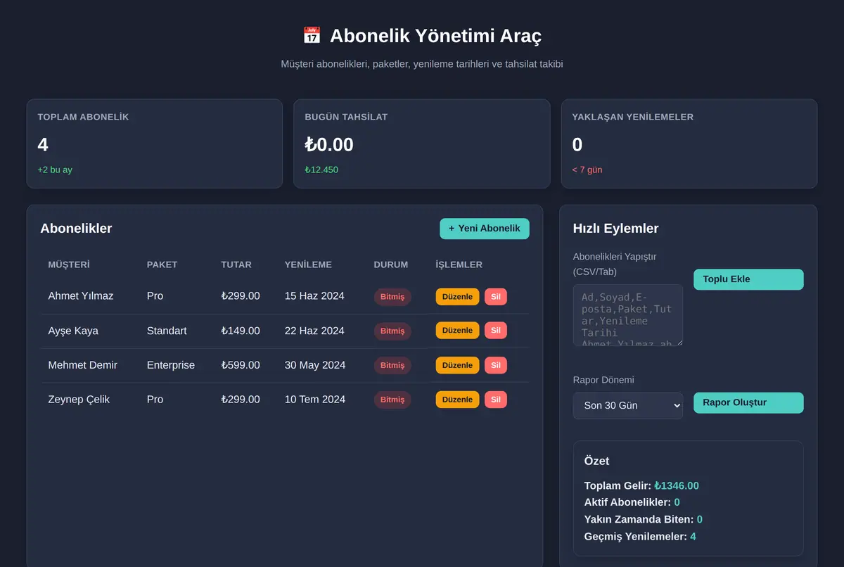 Abonelik Yönetimi Araç ekran görüntüsü 2