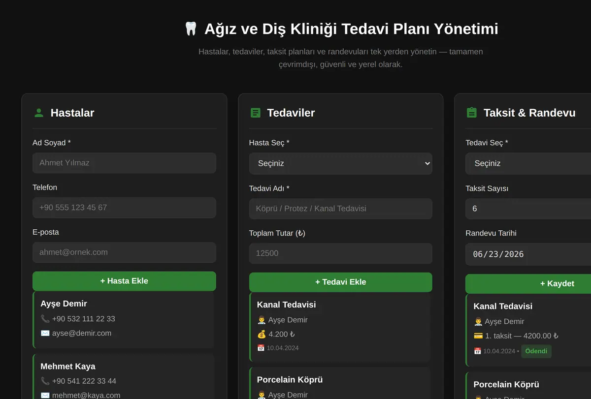 Ağız ve Diş Kliniği Tedavi Planı Yönetimi ekran görüntüsü