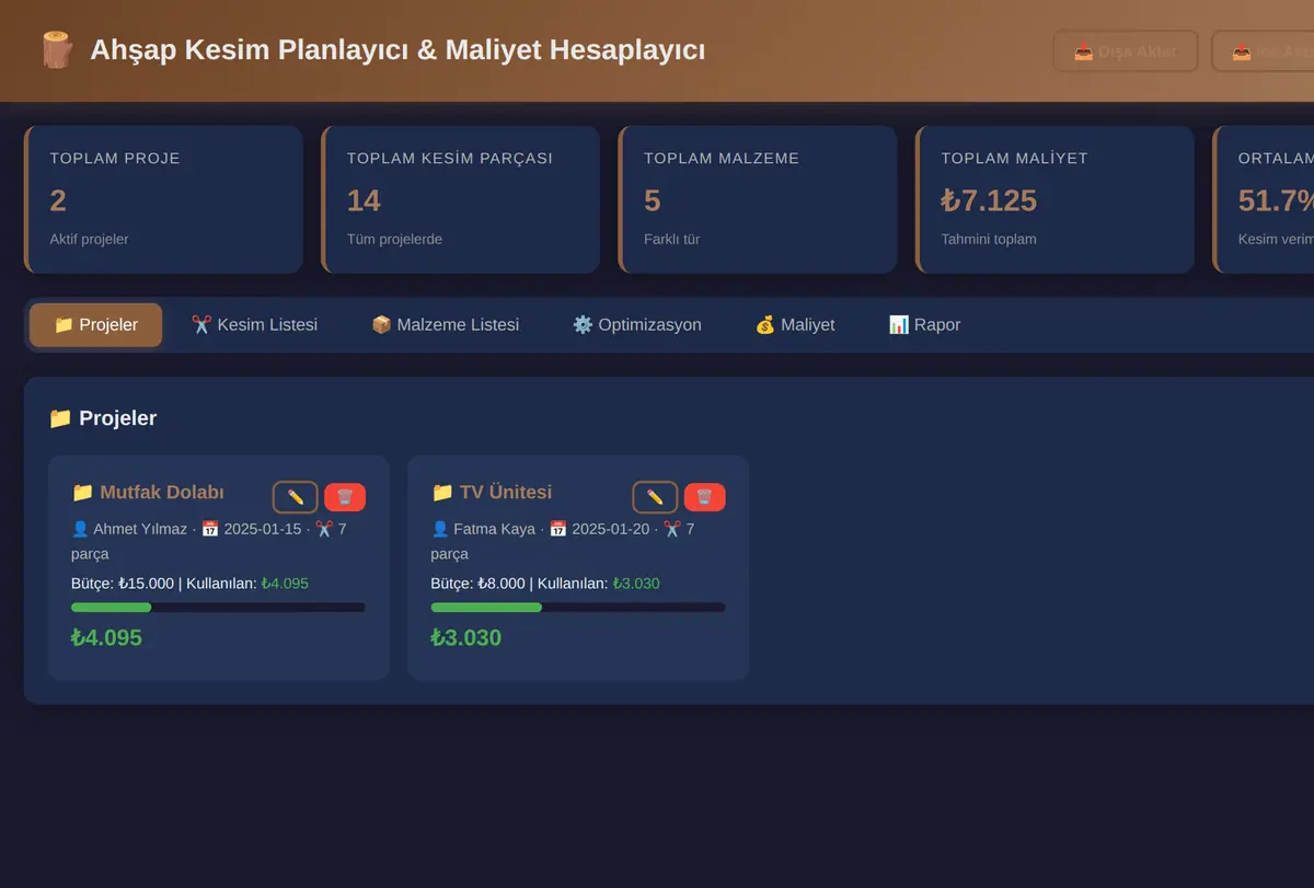 Ahşap Kesim Planlayıcı & Maliyet Hesaplayıcı ekran görüntüsü