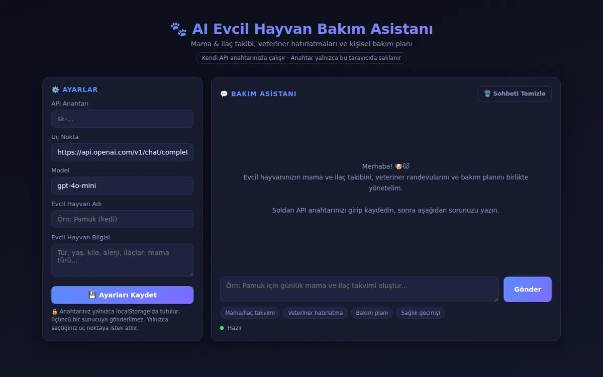 AI Evcil Hayvan Bakım Asistanı ekran görüntüsü
