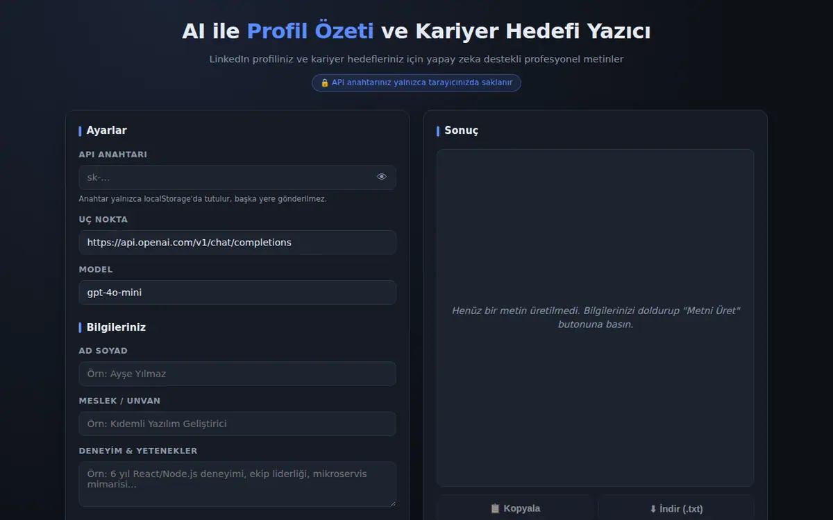 AI ile Profil Özeti ve Kariyer Hedefi Yazıcı ekran görüntüsü