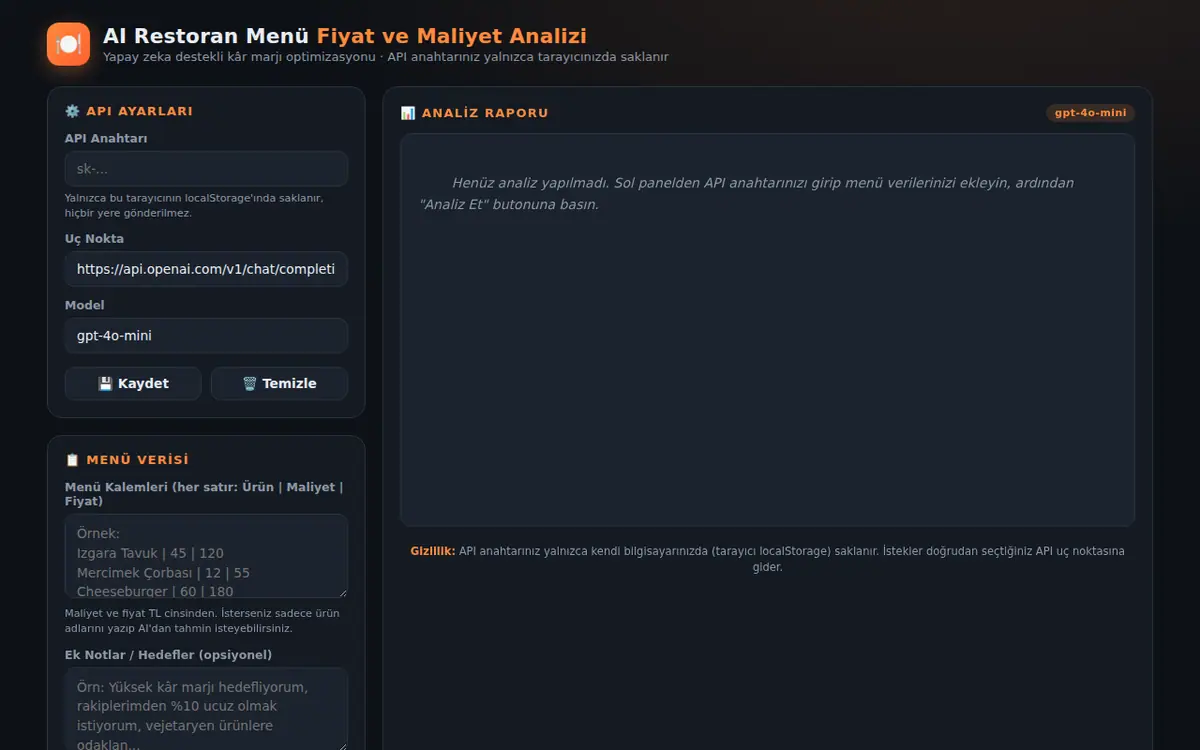 AI Restoran Menü Fiyat ve Maliyet Analizi ekran görüntüsü