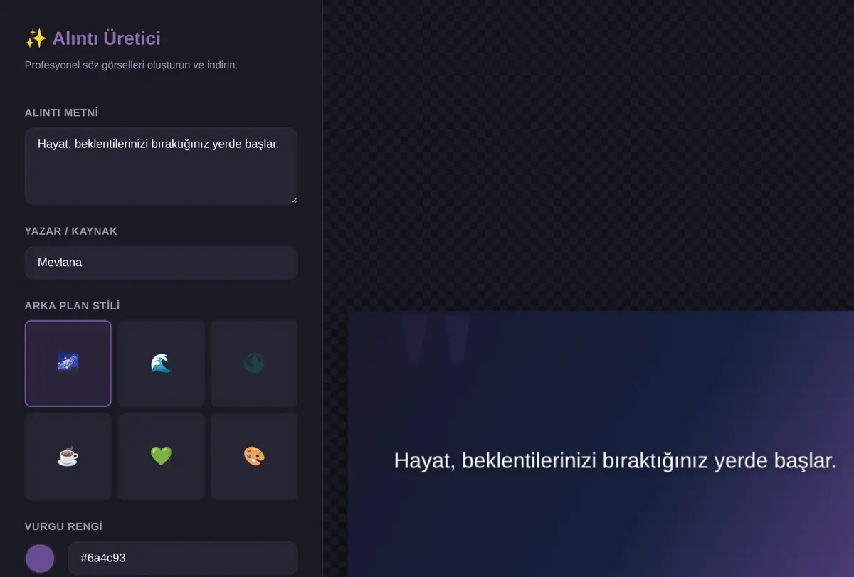 Profesyonel Alıntı & Söz Görseli Üretici Araç ekran görüntüsü
