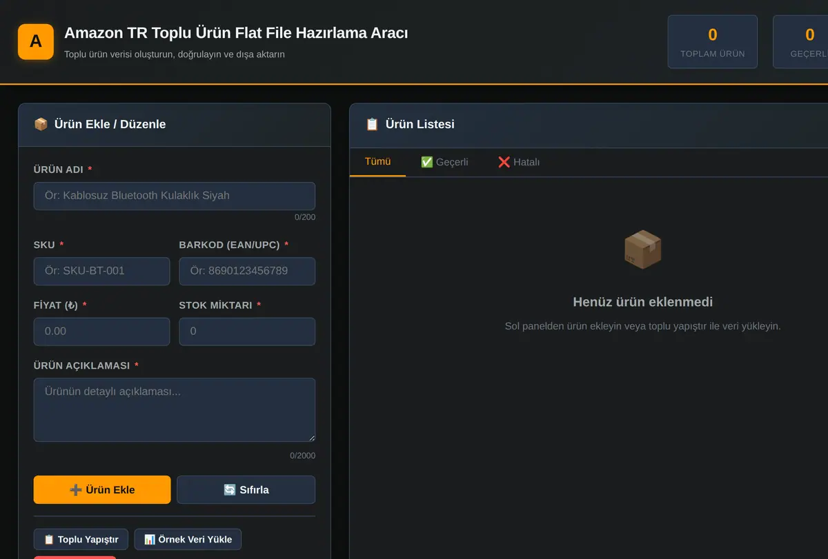 Amazon TR Toplu Ürün Flat File Hazırlama Aracı ekran görüntüsü
