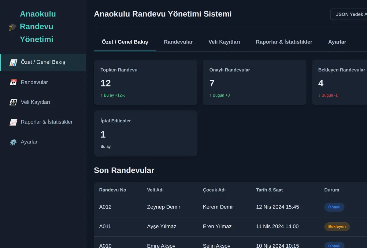 Anaokulu Randevu Yönetimi Sistemi ekran görüntüsü