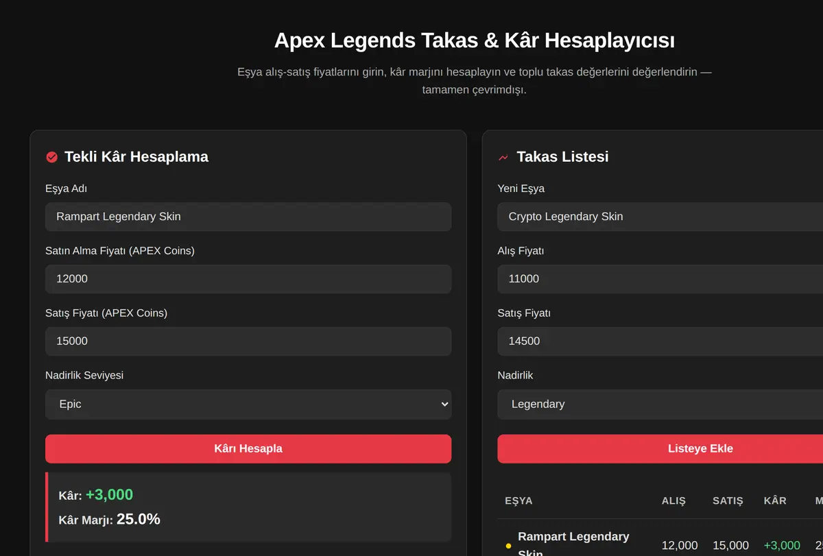 Apex Legends Takas & Kâr Hesaplayıcısı ekran görüntüsü