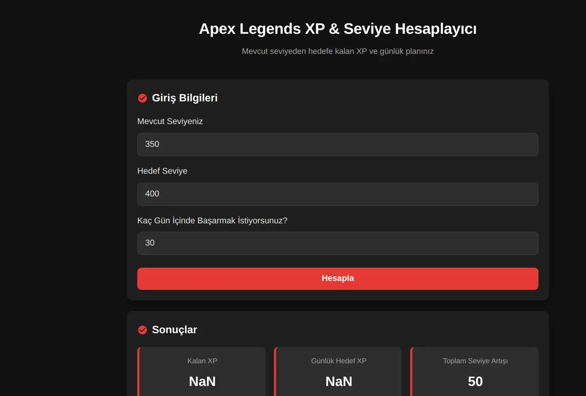 Apex Legends XP & Seviye Hesaplayıcı ekran görüntüsü