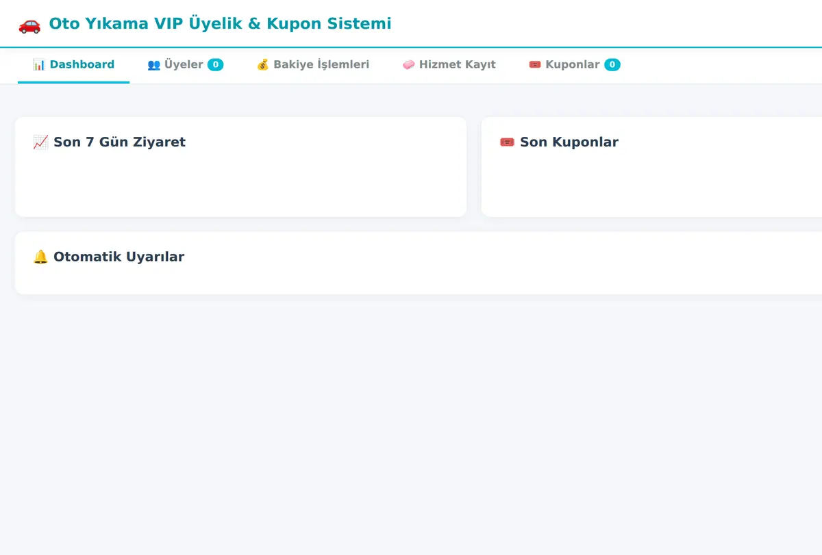 Oto Yıkama VIP Üyelik & Kupon Sistemi ekran görüntüsü