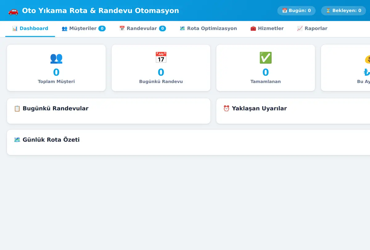Oto Yıkama Rota & Randevu Otomasyon Sistemi ekran görüntüsü