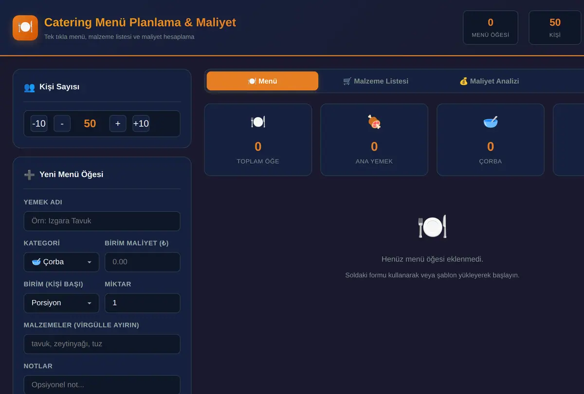 Catering Menü Planlama & Maliyet Hesaplama Aracı ekran görüntüsü