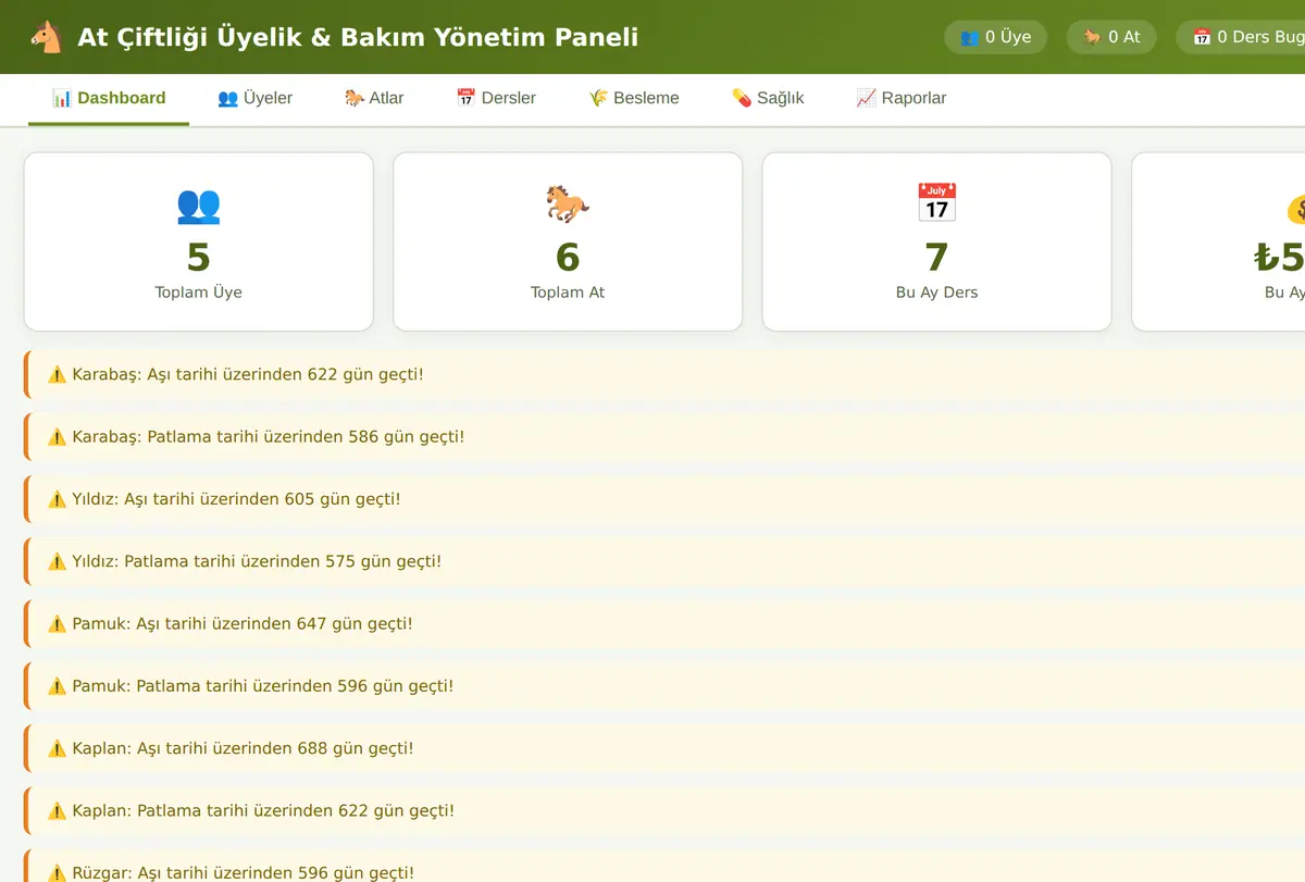At Çiftliği Üyelik & Bakım Yönetim Paneli ekran görüntüsü