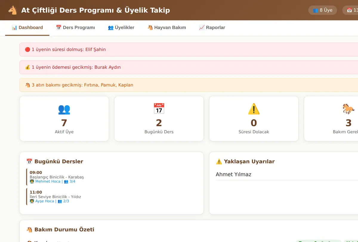 At Çiftliği Ders Programı & Üyelik Takip Aracı ekran görüntüsü