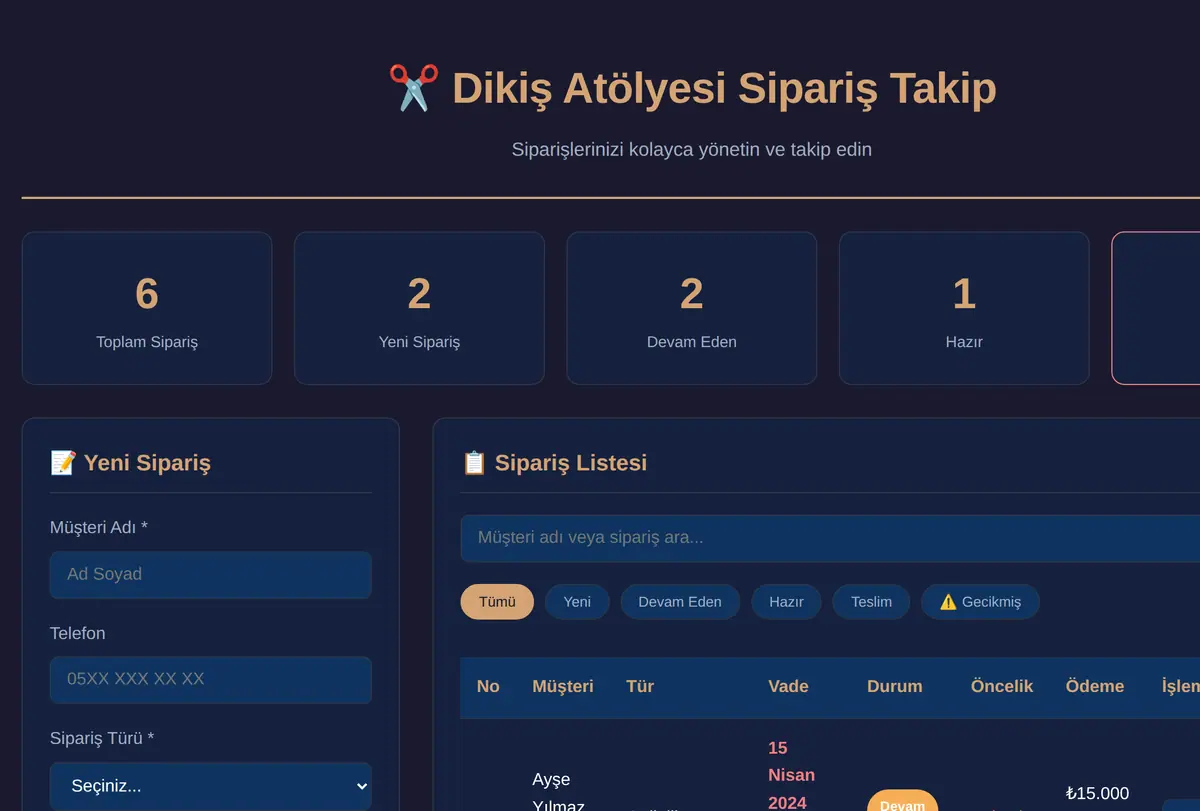 Dikiş Atölyesi Sipariş Takip Aracı ekran görüntüsü