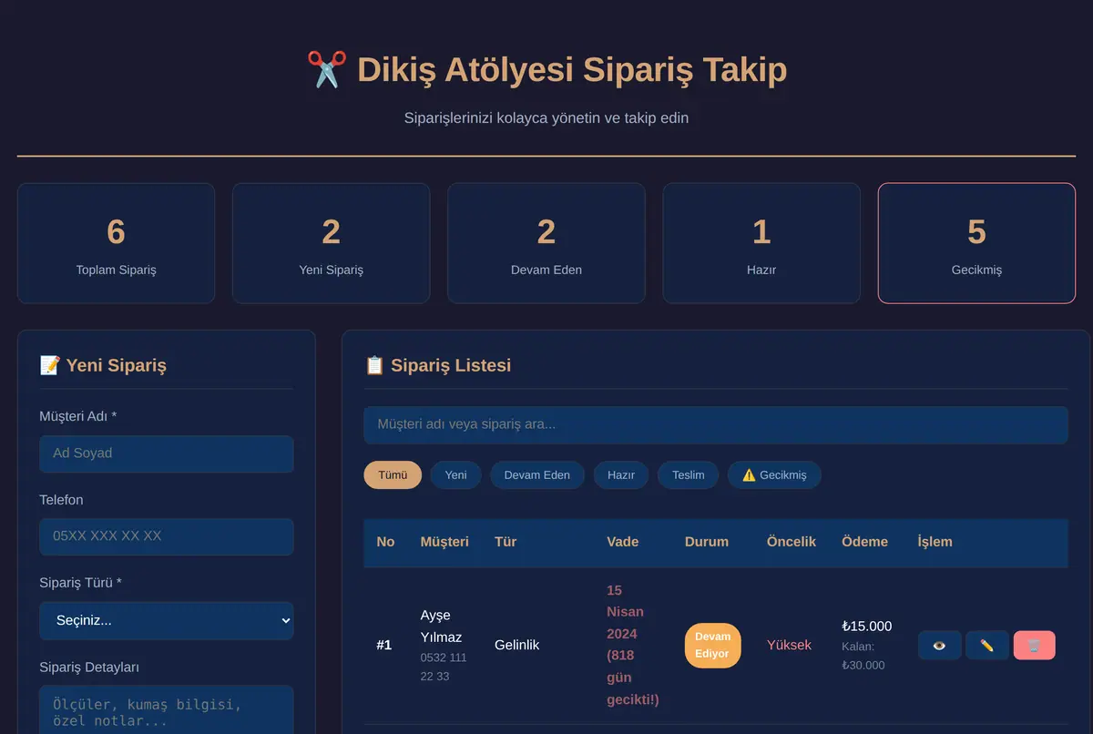 Dikiş Atölyesi Sipariş Takip Aracı ekran görüntüsü 2