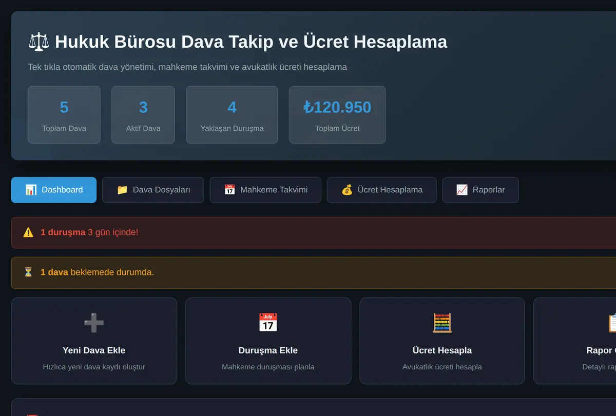 Hukuk Bürosu Dava Takip ve Ücret Hesaplama Aracı ekran görüntüsü