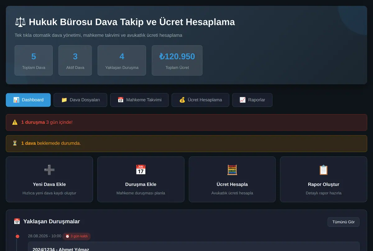 Hukuk Bürosu Dava Takip ve Ücret Hesaplama Aracı ekran görüntüsü 2