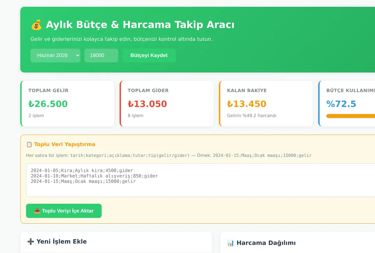 Aylık Bütçe & Harcama Takip Aracı ekran görüntüsü