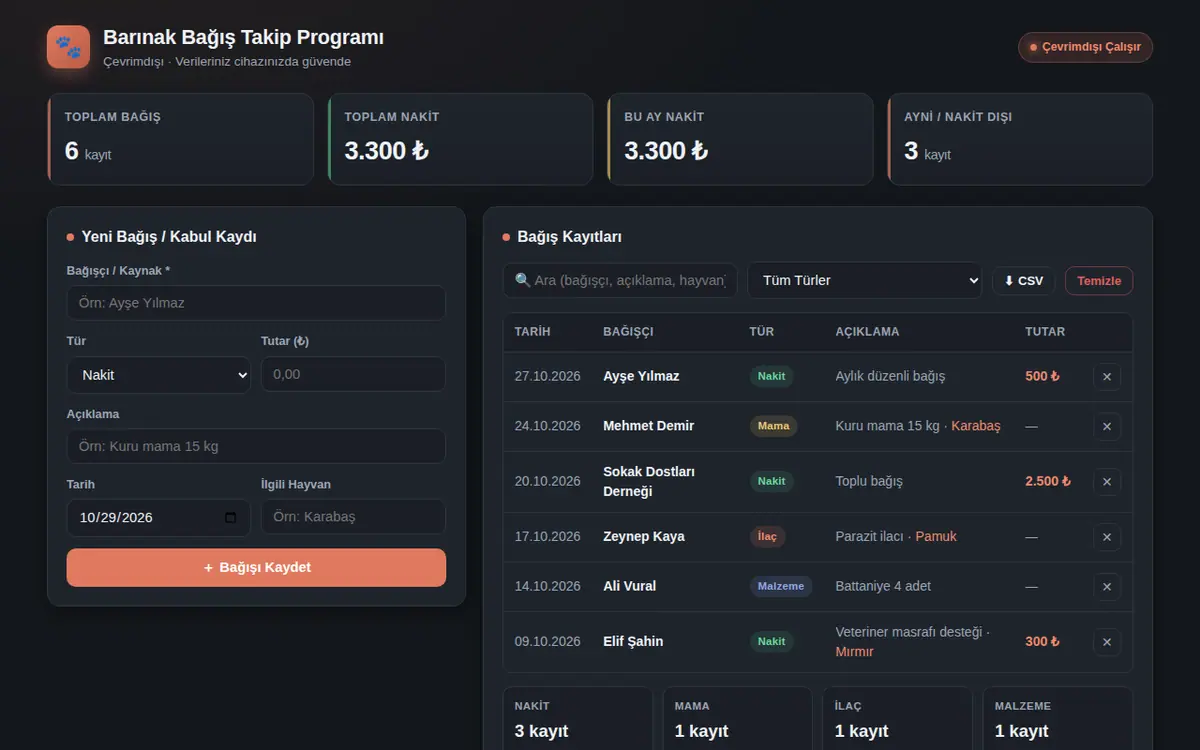Barınak Bağış Takip Programı - Çevrimdışı ekran görüntüsü