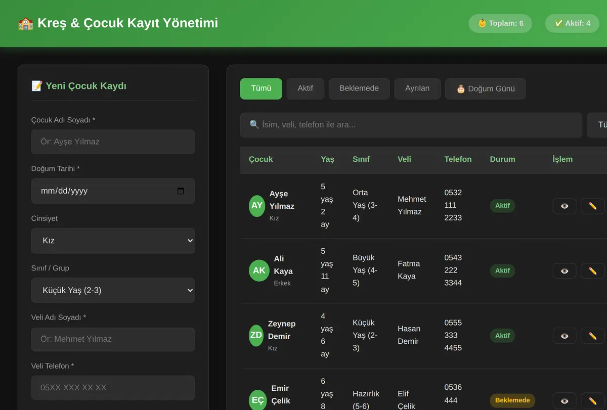 Kreş & Çocuk Kayıt Yönetimi Aracı ekran görüntüsü