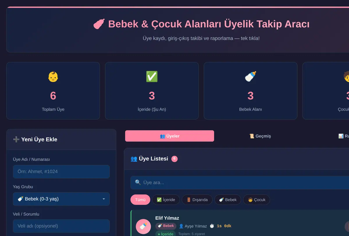 Bebek & Çocuk Alanları Üyelik Takip Aracı ekran görüntüsü