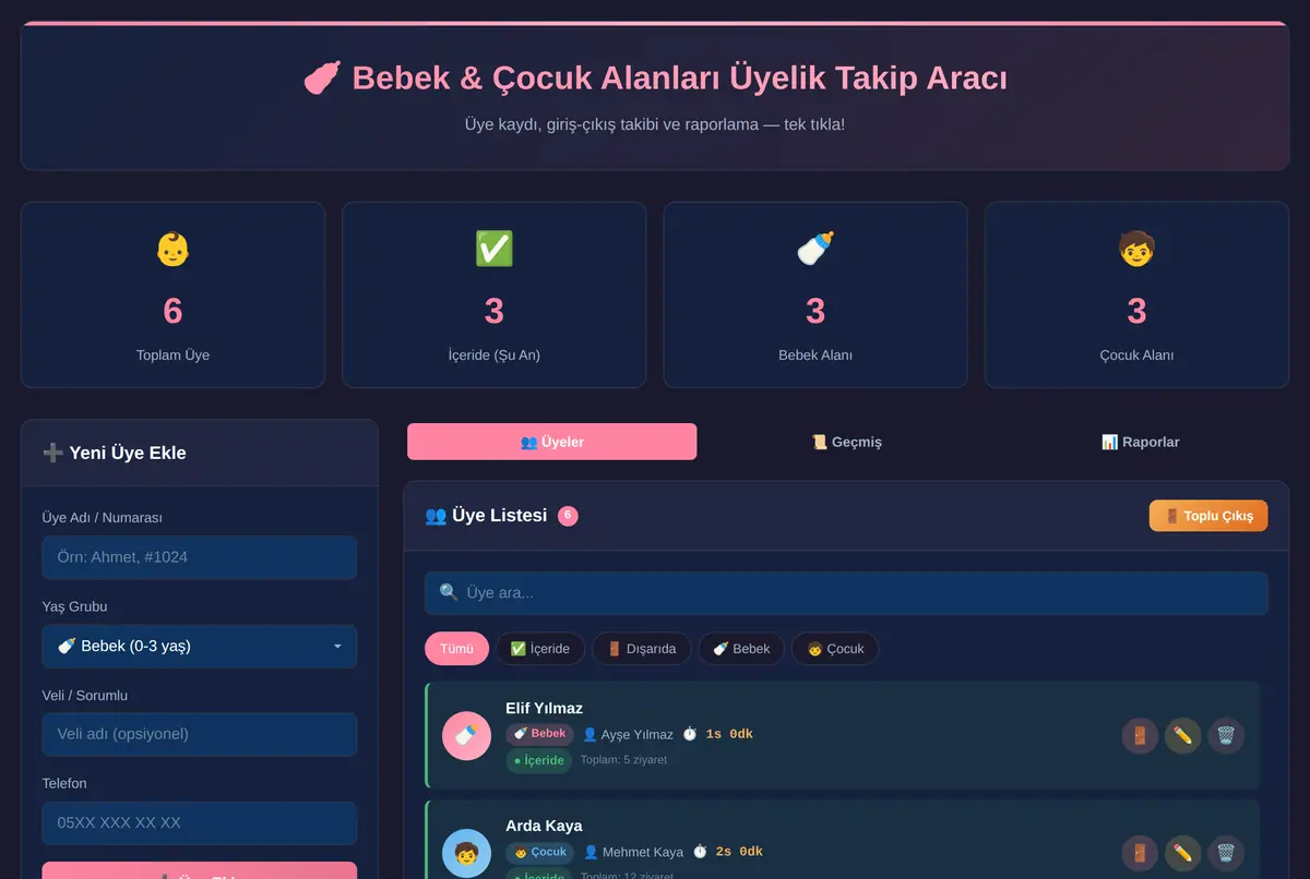 Bebek & Çocuk Alanları Üyelik Takip Aracı ekran görüntüsü 2