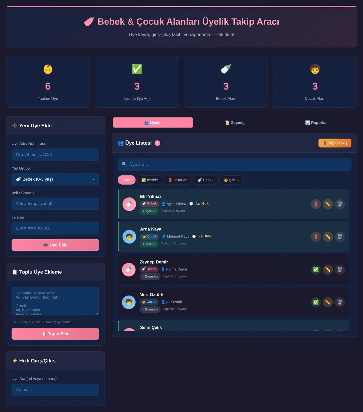 Bebek & Çocuk Alanları Üyelik Takip Aracı ekran görüntüsü 3