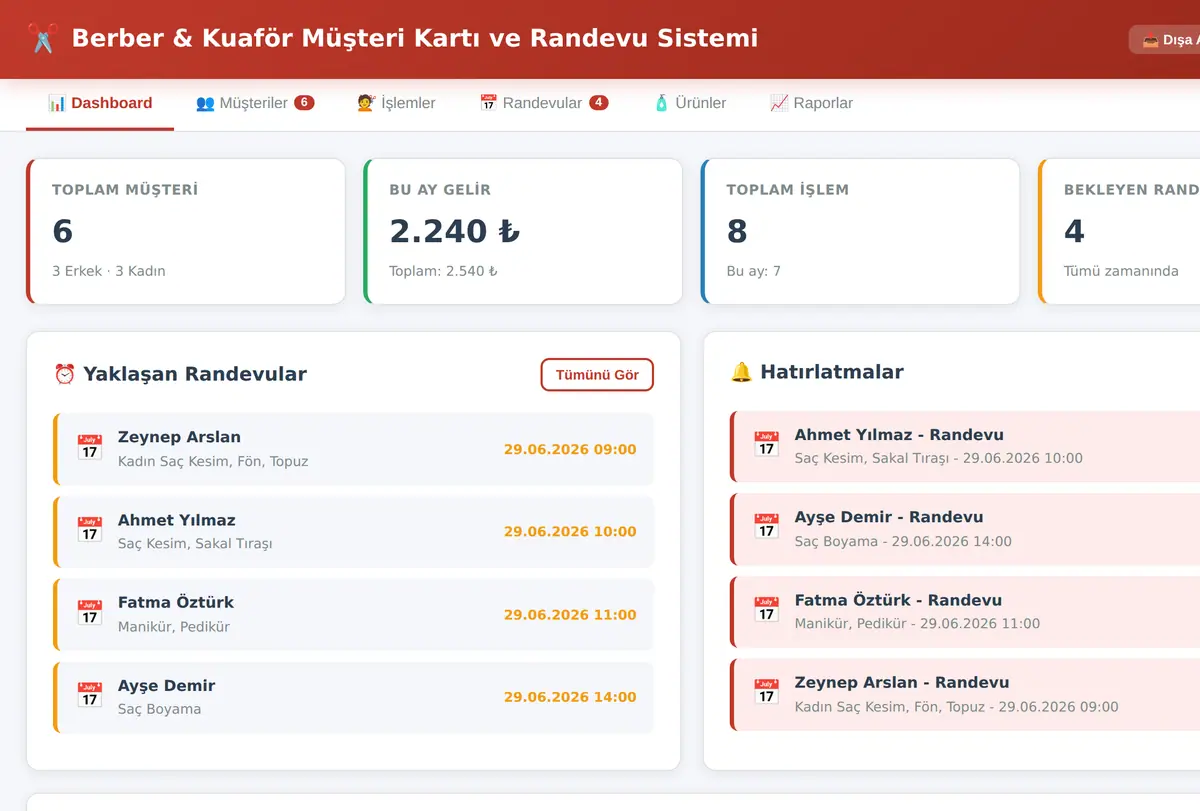 Berber & Kuaför Müşteri Kartı ve Randevu Sistemi ekran görüntüsü
