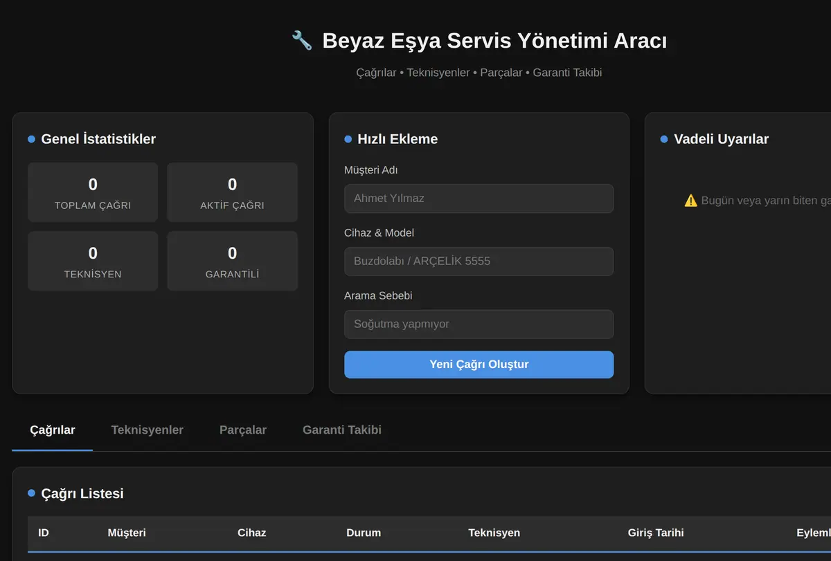 Beyaz Eşya Servis Yönetimi Aracı ekran görüntüsü