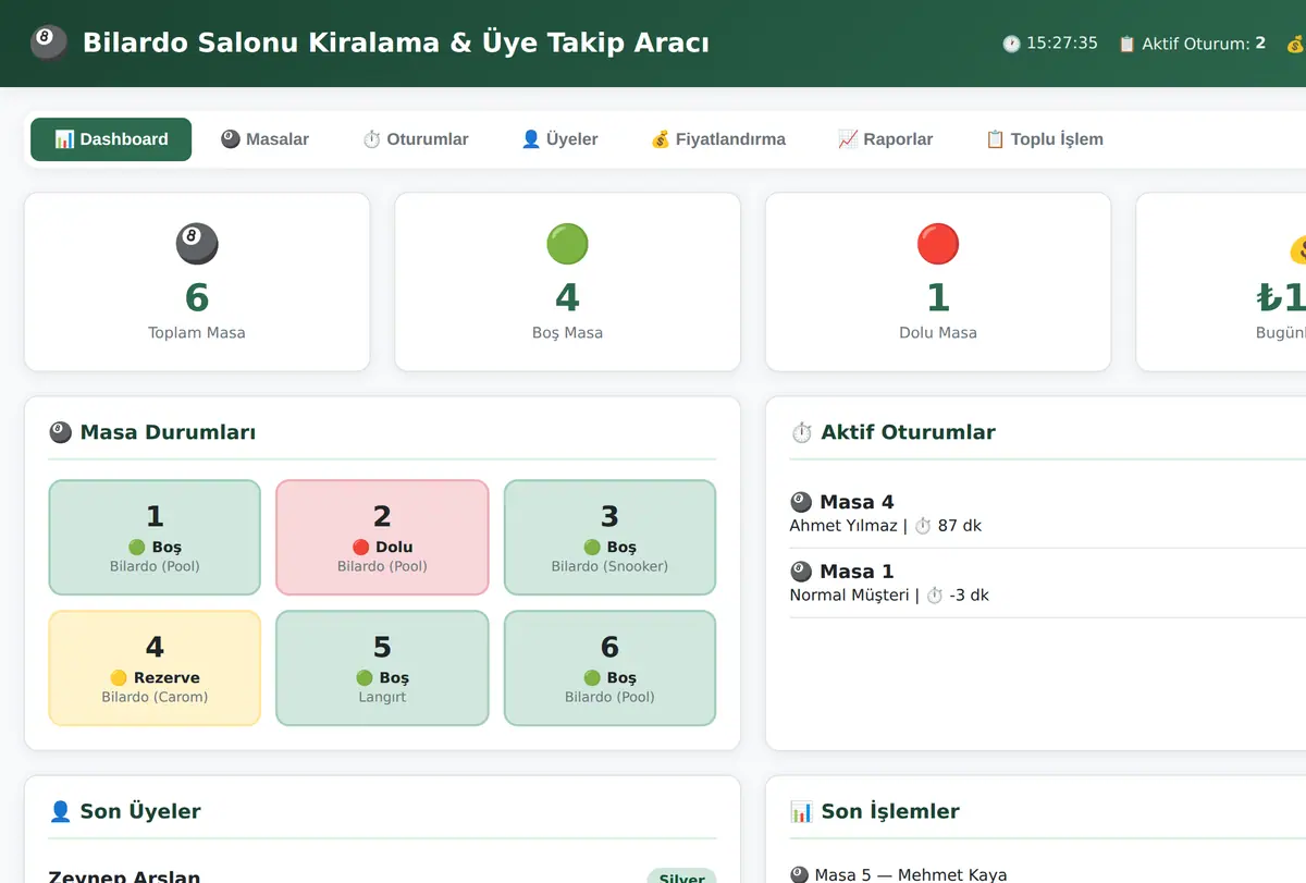 Bilardo Salonu Kiralama & Üye Takip Aracı ekran görüntüsü