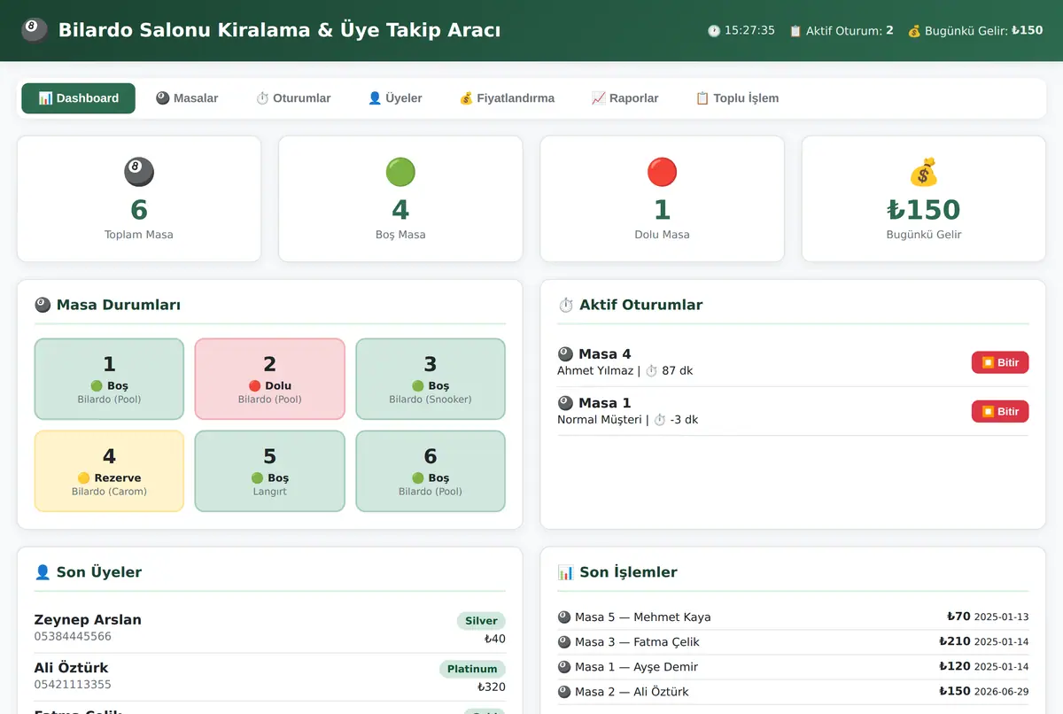 Bilardo Salonu Kiralama & Üye Takip Aracı ekran görüntüsü 2