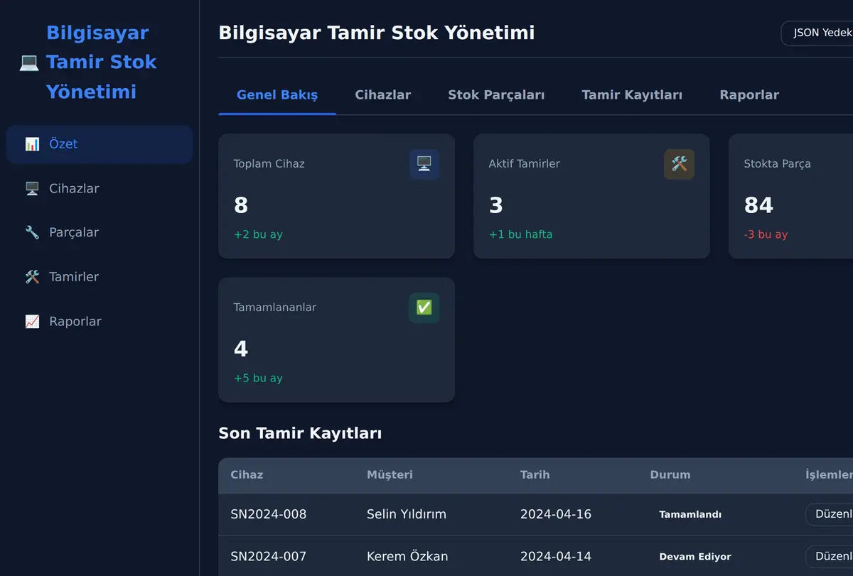Bilgisayar Tamir Stok Yönetimi ekran görüntüsü