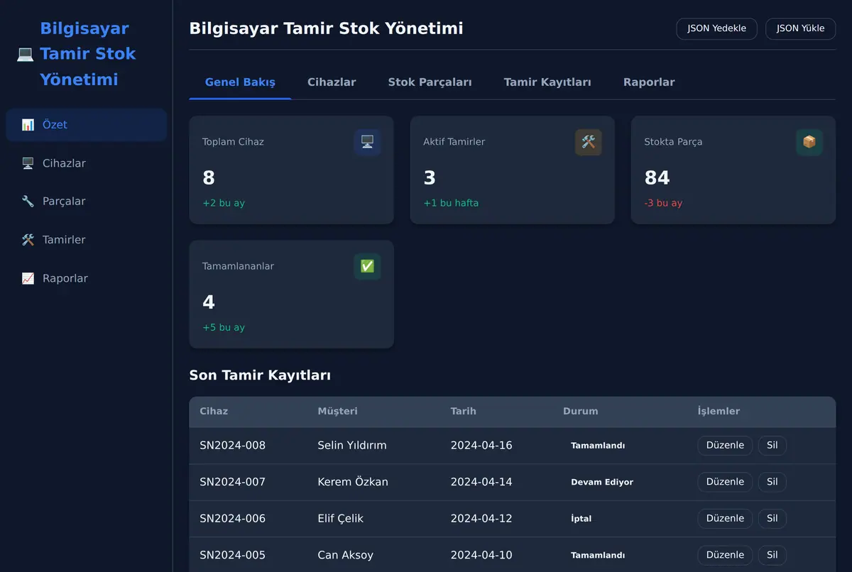 Bilgisayar Tamir Stok Yönetimi ekran görüntüsü 2