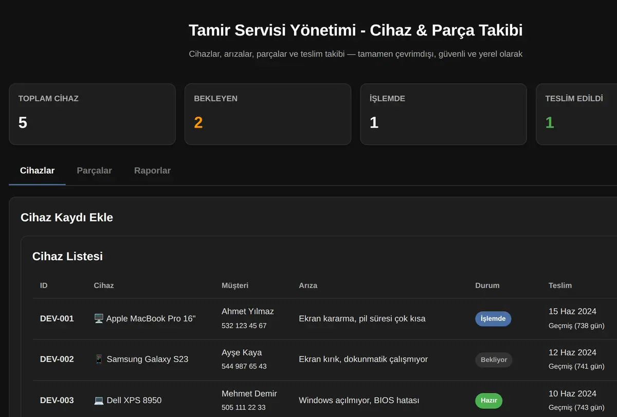 Tamir Servisi Yönetimi - Cihaz & Parça Takibi ekran görüntüsü