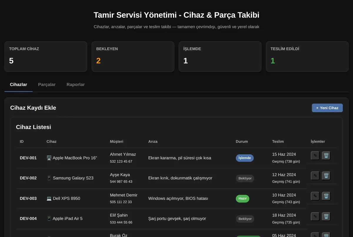 Tamir Servisi Yönetimi - Cihaz & Parça Takibi ekran görüntüsü 2