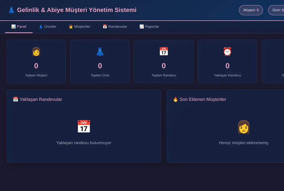 Gelinlik & Abiye Müşteri Yönetim Sistemi ekran görüntüsü