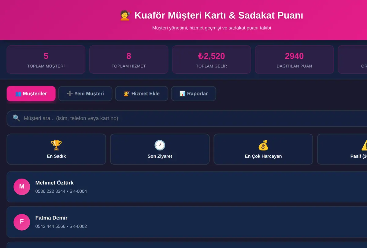 Kuaför Müşteri Kartı & Sadakat Puanı Yönetimi ekran görüntüsü
