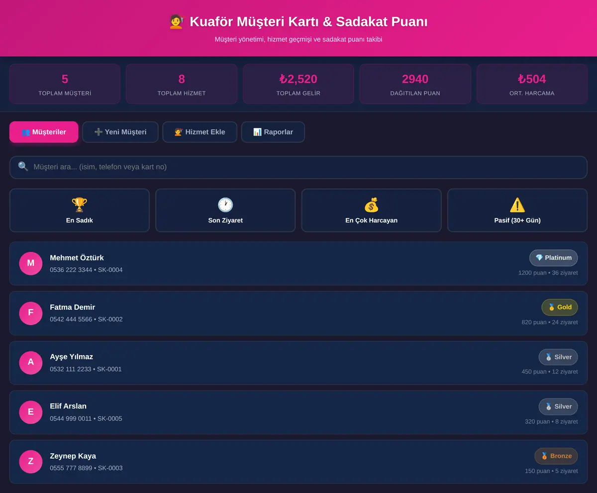 Kuaför Müşteri Kartı & Sadakat Puanı Yönetimi ekran görüntüsü 3