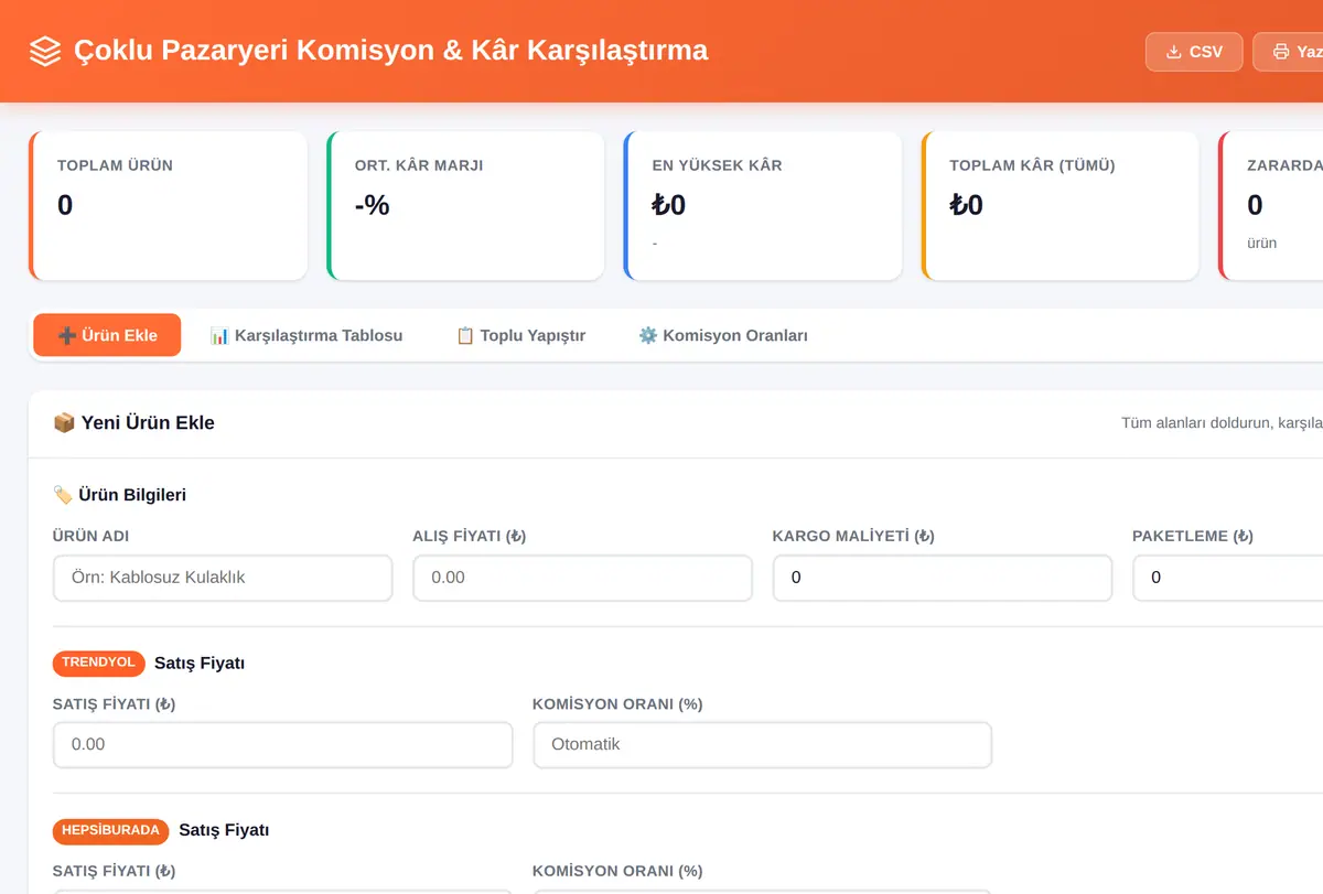 Çoklu Pazaryeri Komisyon & Kâr Karşılaştırma ekran görüntüsü