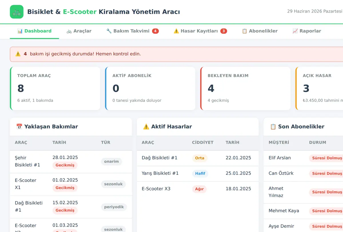 Bisiklet & E-Scooter Kiralama Yönetim Aracı ekran görüntüsü
