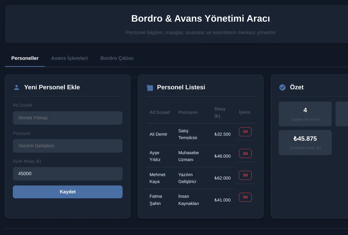 Bordro ve Avans Yönetimi Sistemi ekran görüntüsü