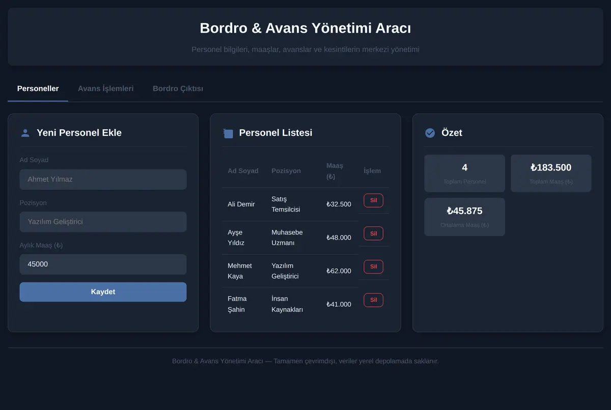Bordro ve Avans Yönetimi Sistemi ekran görüntüsü 3