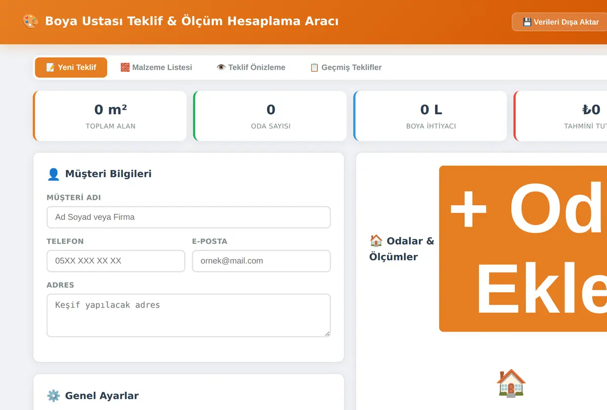 Boya Ustası Teklif & Ölçüm Hesaplama Aracı ekran görüntüsü