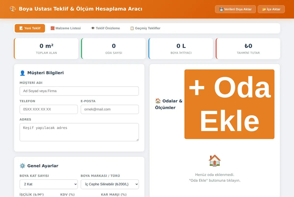Boya Ustası Teklif & Ölçüm Hesaplama Aracı ekran görüntüsü 2