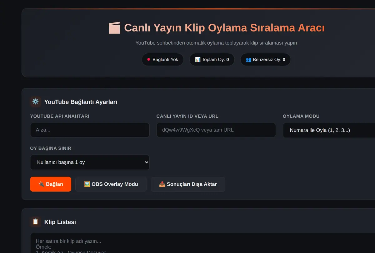 Canlı Yayın Klip Oylama Sıralama Aracı ekran görüntüsü