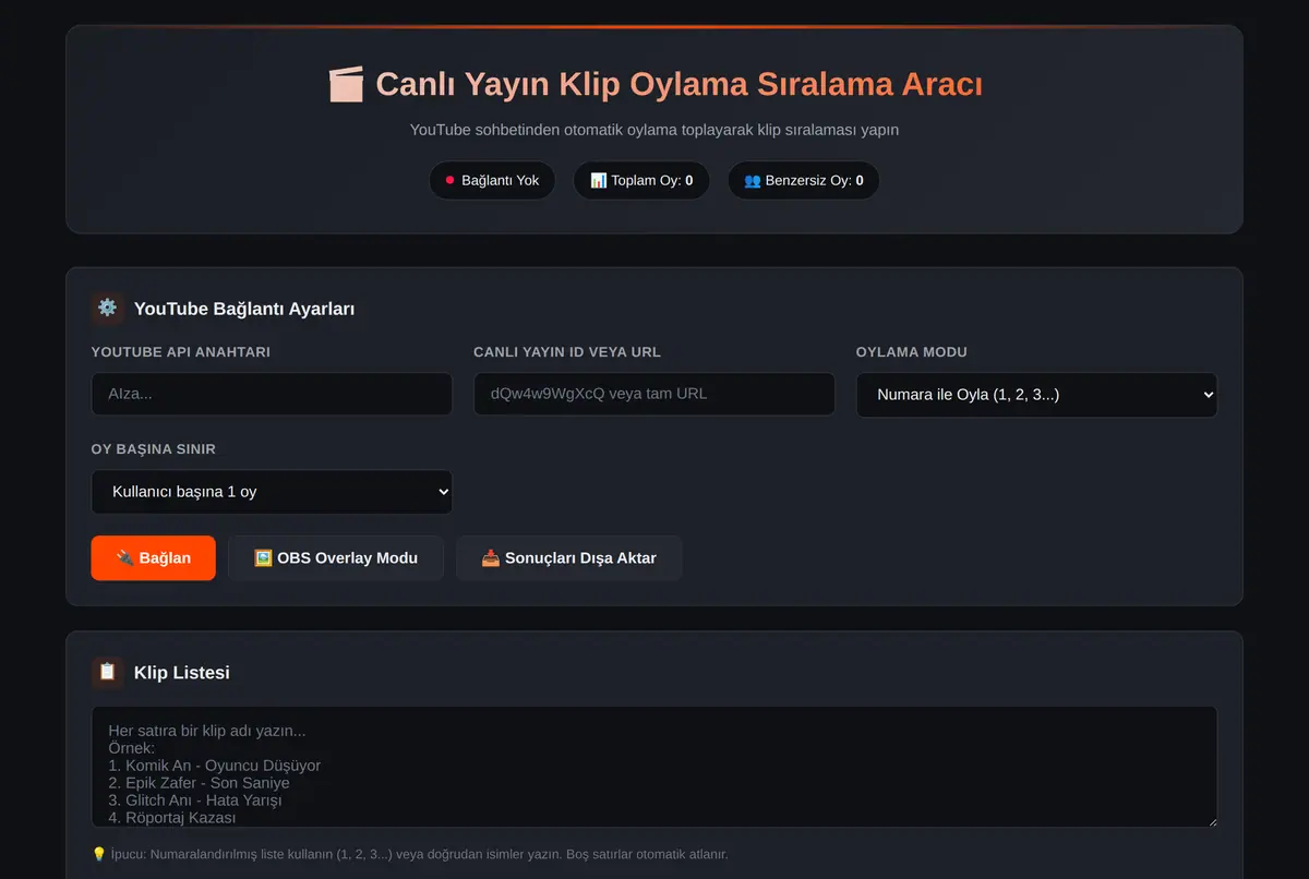 Canlı Yayın Klip Oylama Sıralama Aracı ekran görüntüsü 2