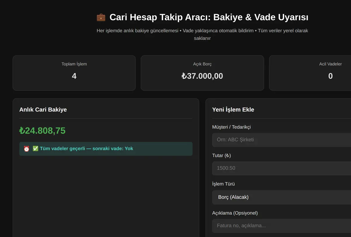 Cari Hesap Takip Aracı: Bakiye & Vade Uyarısı ekran görüntüsü