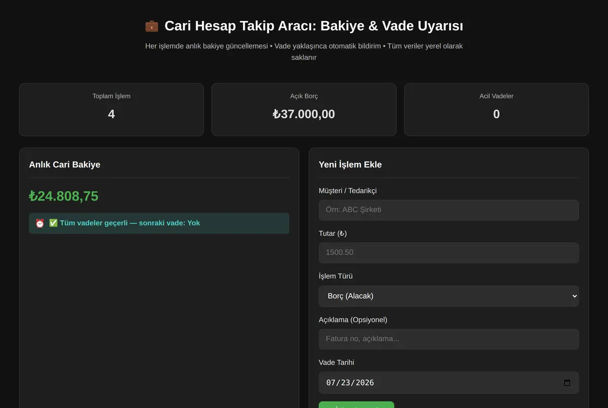 Cari Hesap Takip Aracı: Bakiye & Vade Uyarısı ekran görüntüsü 2