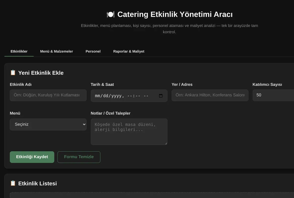 Catering Sipariş Yönetimi Aracı ekran görüntüsü